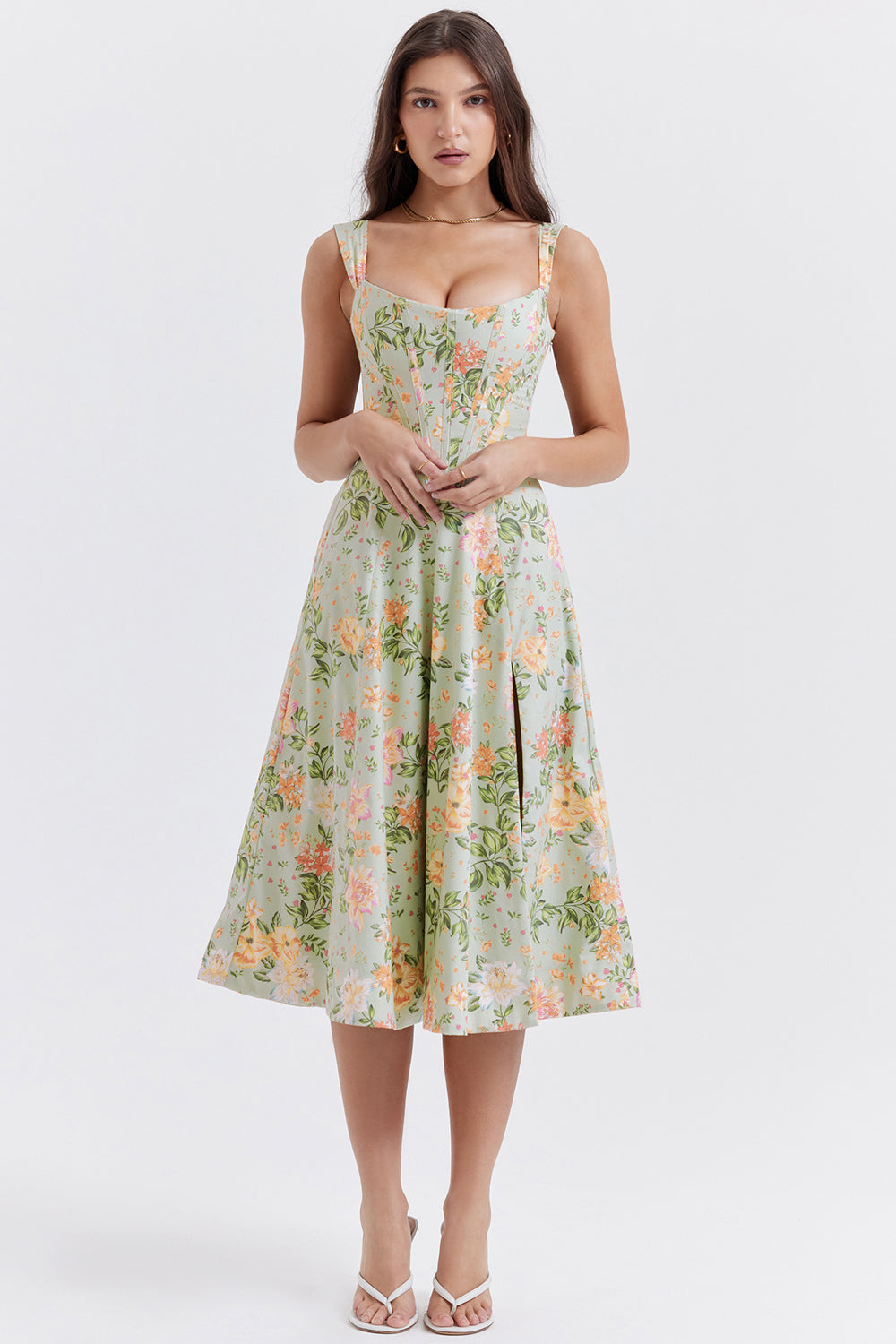 Nerithia - Floral Print Ruffle Midi Dress