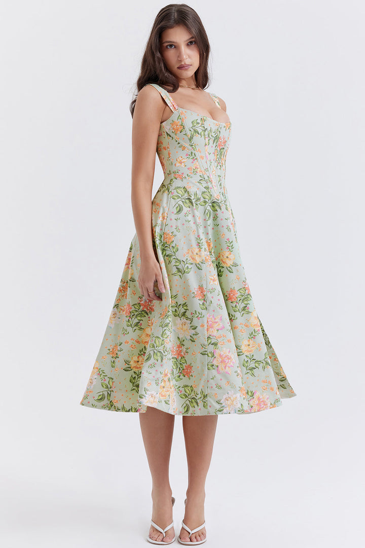 Nerithia - Floral Print Ruffle Midi Dress