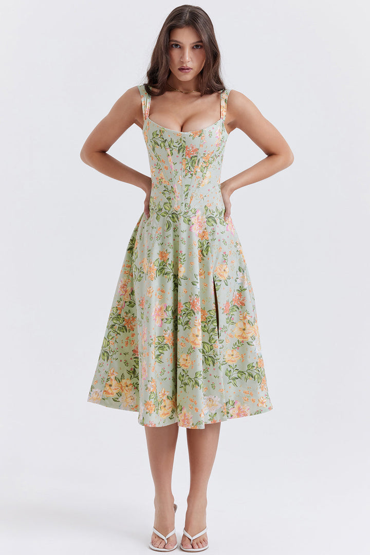 Nerithia - Floral Print Ruffle Midi Dress