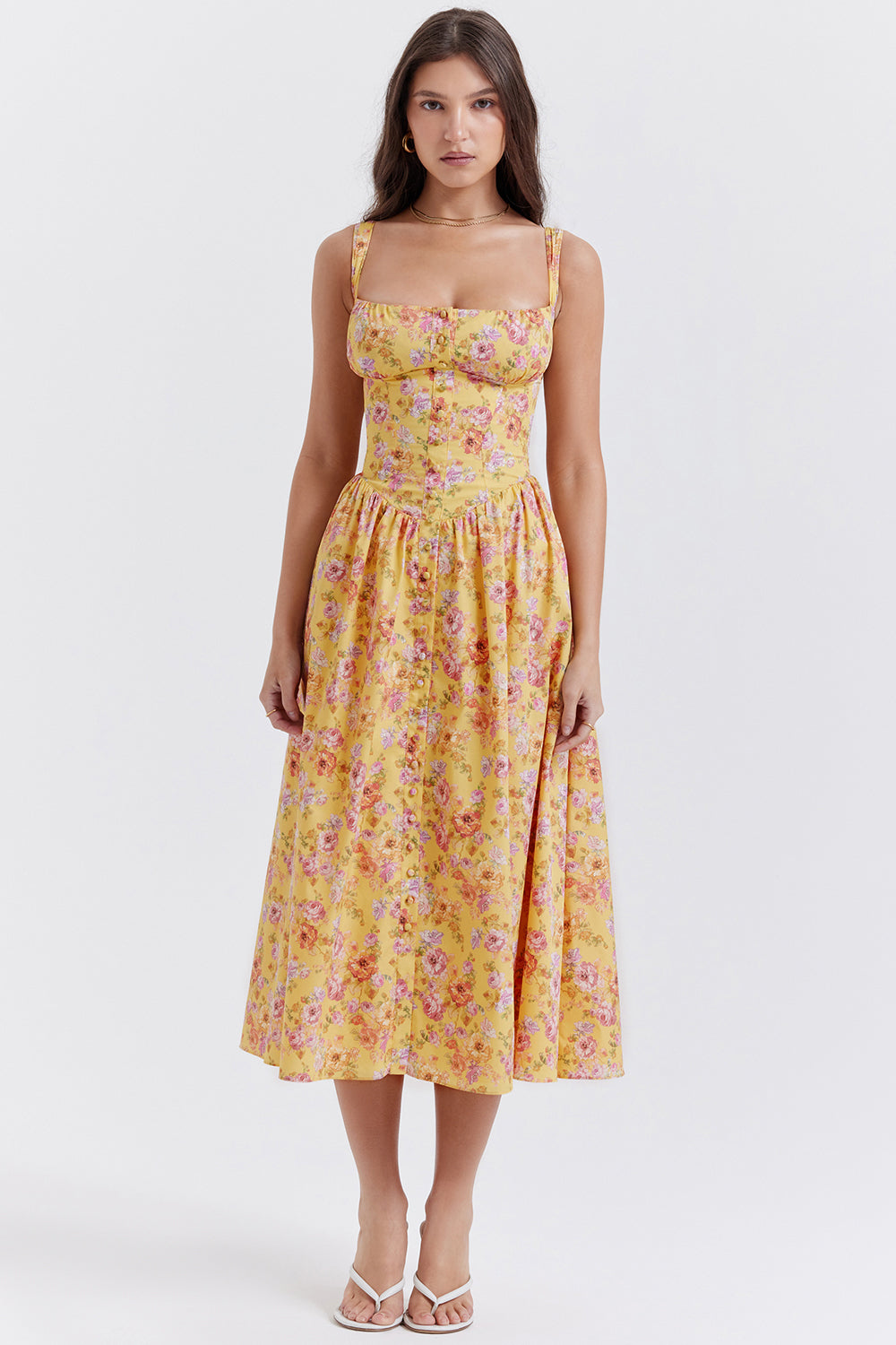 Nerithia - Floral Print Ruffle Midi Dress