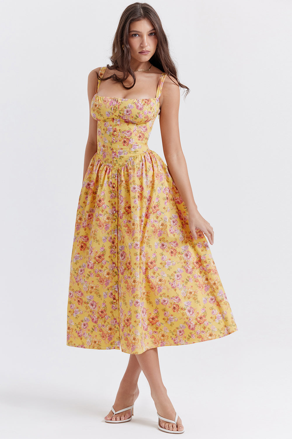 Nerithia - Floral Print Ruffle Midi Dress