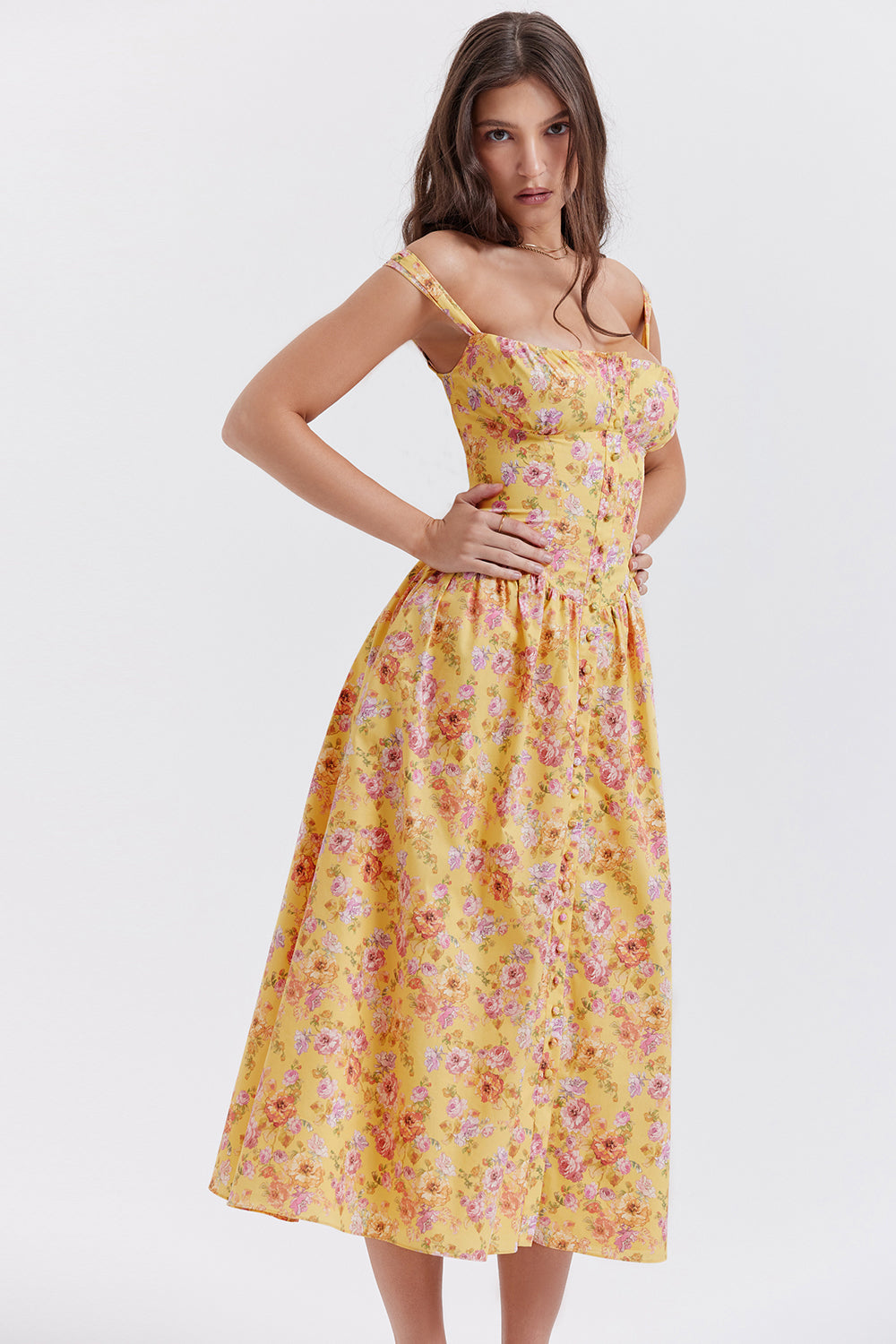 Nerithia - Floral Print Ruffle Midi Dress