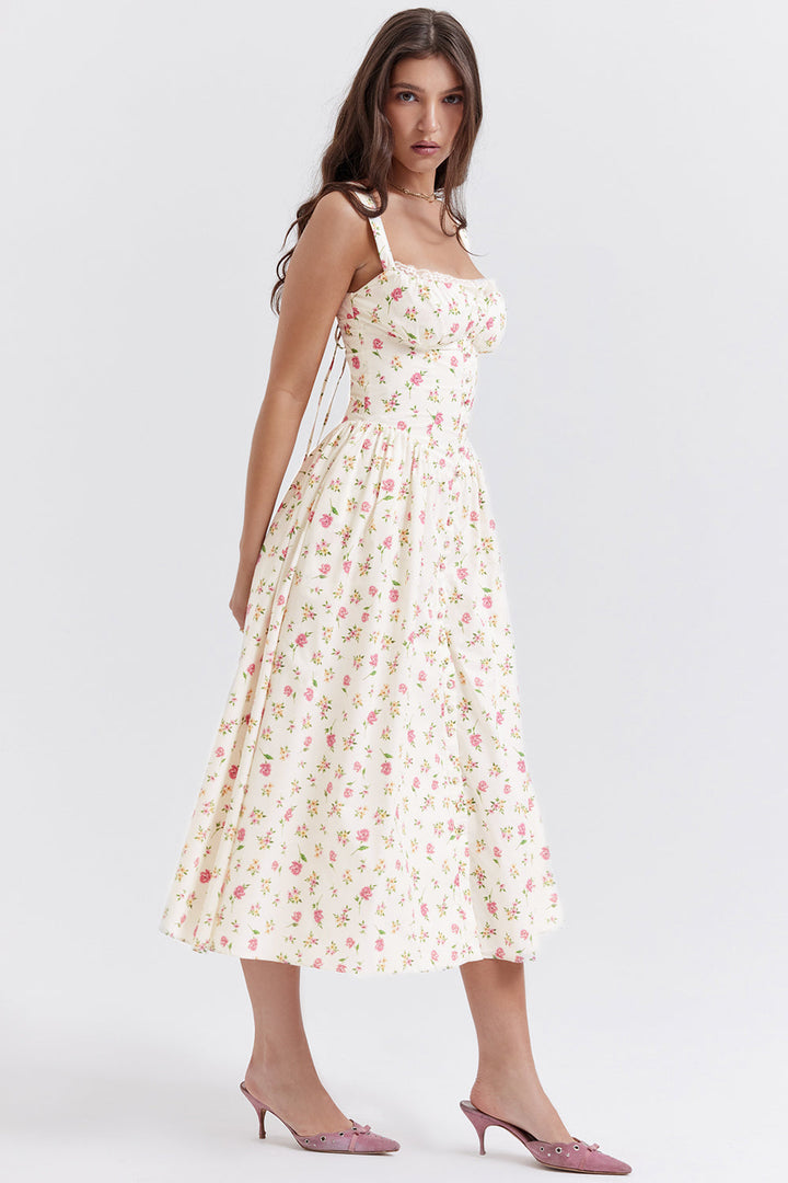 Nerithia - Floral Print Ruffle Midi Dress