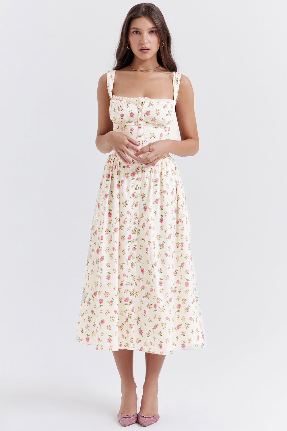 Nerithia - Floral Print Ruffle Midi Dress