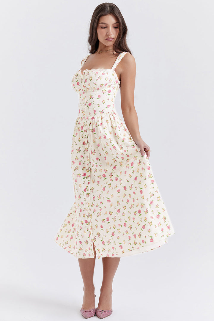 Nerithia - Floral Print Ruffle Midi Dress