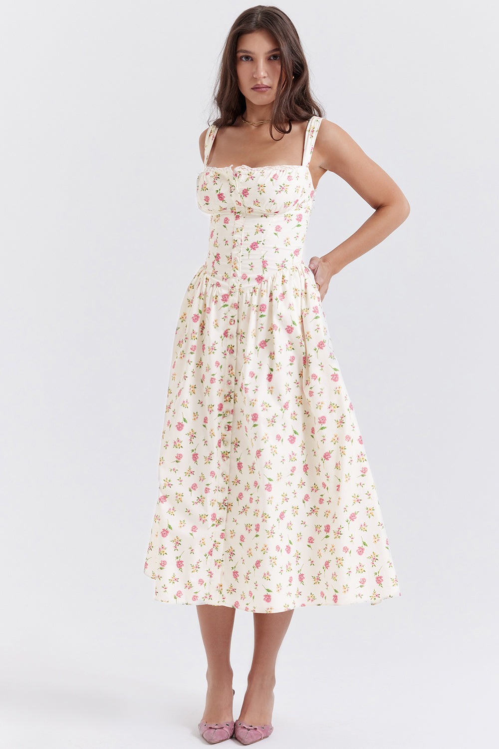 Nerithia - Floral Print Ruffle Midi Dress