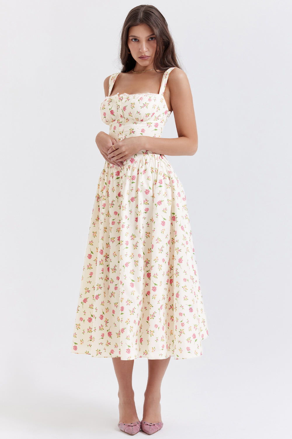 Nerithia - Floral Print Ruffle Midi Dress