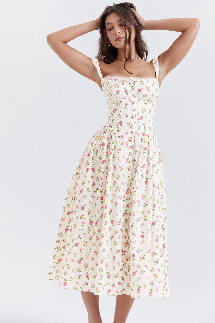 Nerithia - Floral Print Ruffle Midi Dress