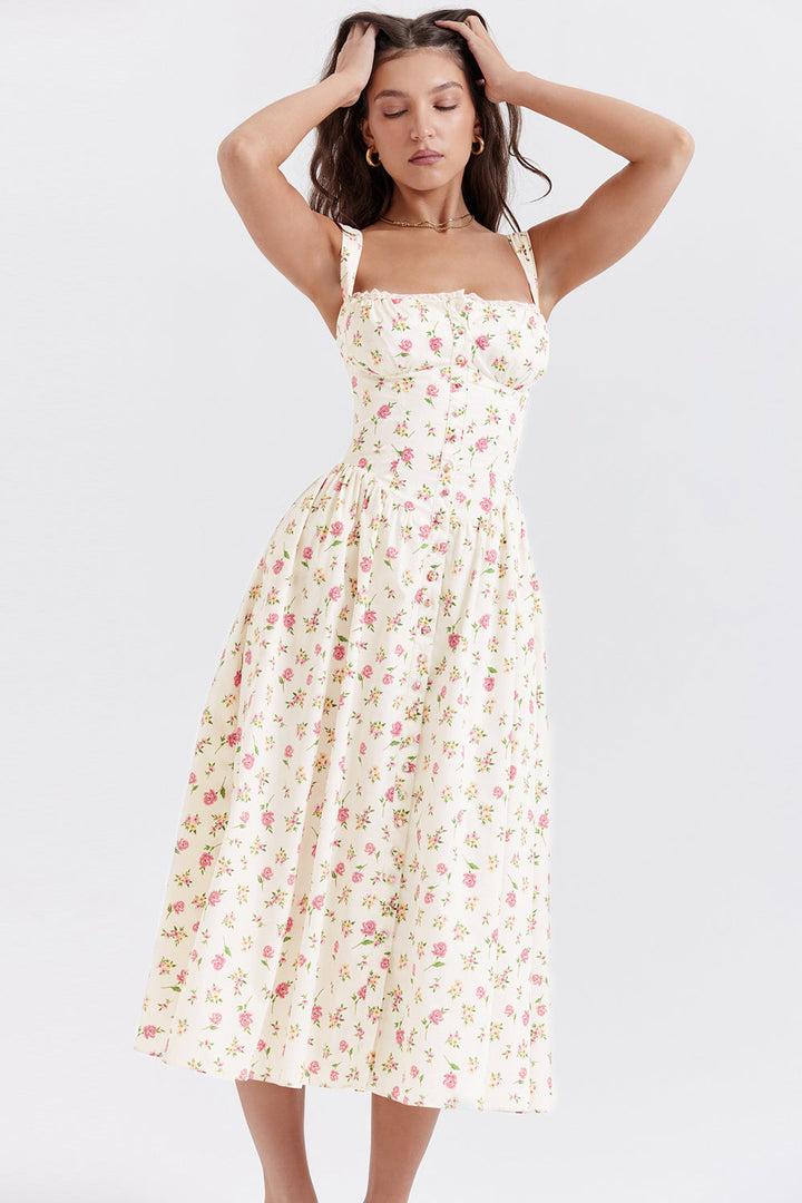 Nerithia - Floral Print Ruffle Midi Dress