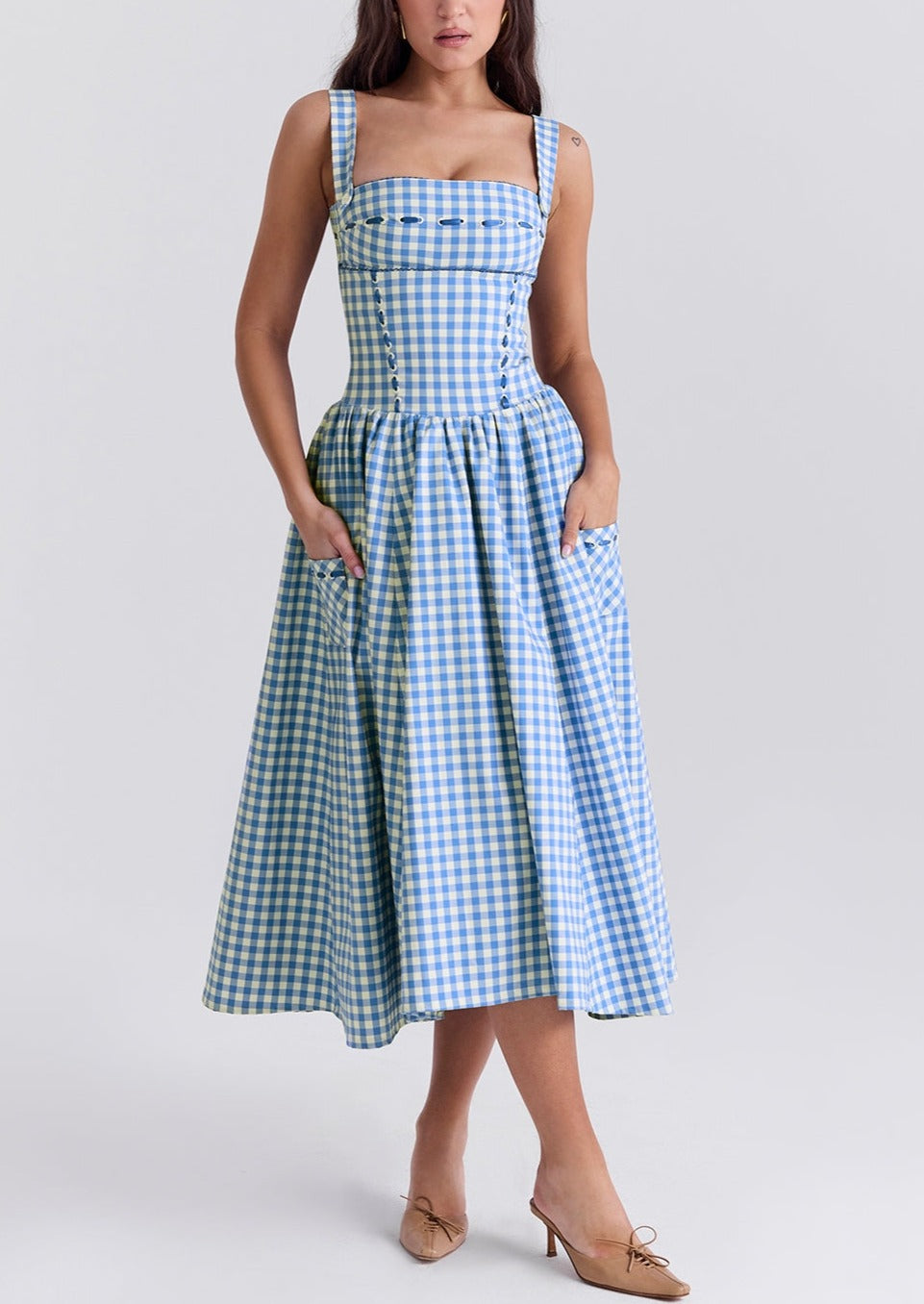 Virelia - Shoulder Straps Checked Midi Dress