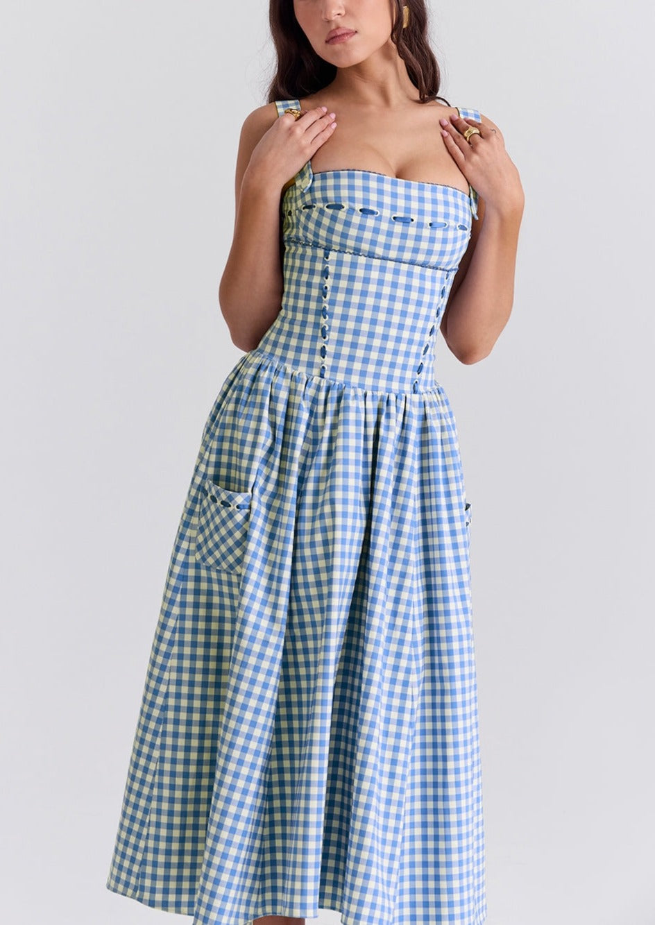 Virelia - Shoulder Straps Checked Midi Dress