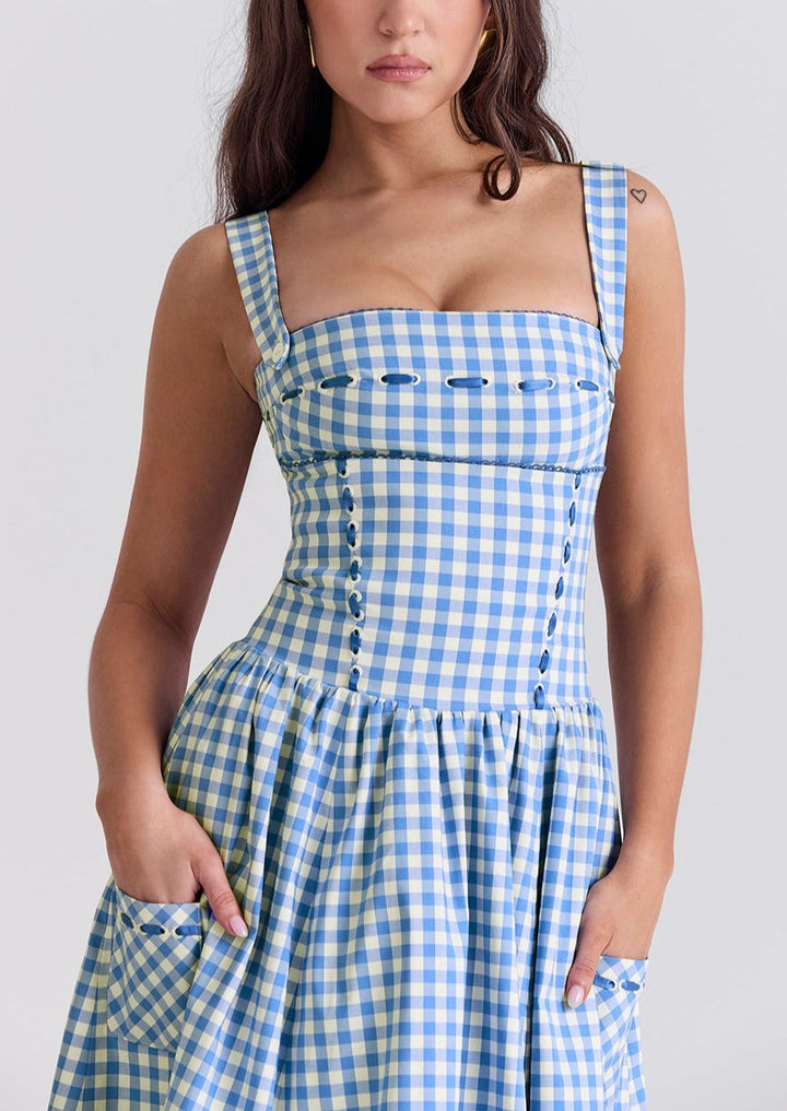 Virelia - Shoulder Straps Checked Midi Dress